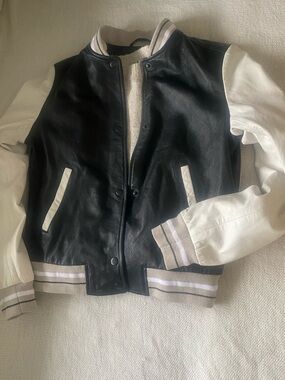 Soft Leather Varsity Jacket Cream Black Minimal M